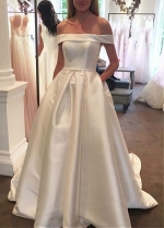 Delicate Satin Off-the-shoulder Neckline A-line Wedding Dresses With Belt & Pockets