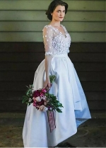 Romantic Tulle & Satin V-neck Neckline Hi-lo A-line Wedding Dress With 3D Flowers & Beadings