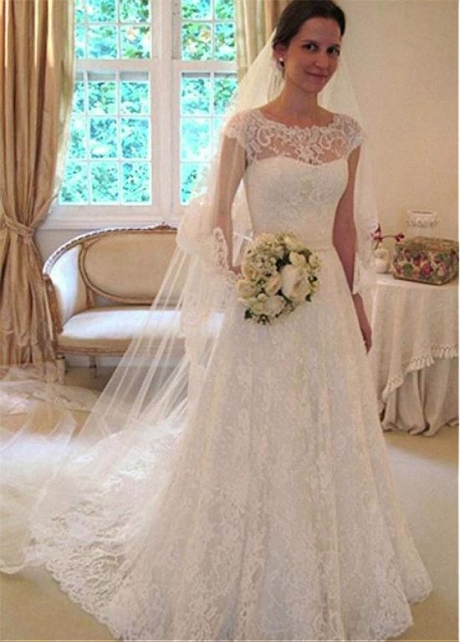 Marvelous Lace Jewel Neckline Full-length A-line Wedding Dress With Belt