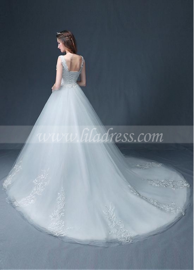 Fascinating Tulle Bateau Neckline A-line Wedding Dress With Lace Appliques & Beadings