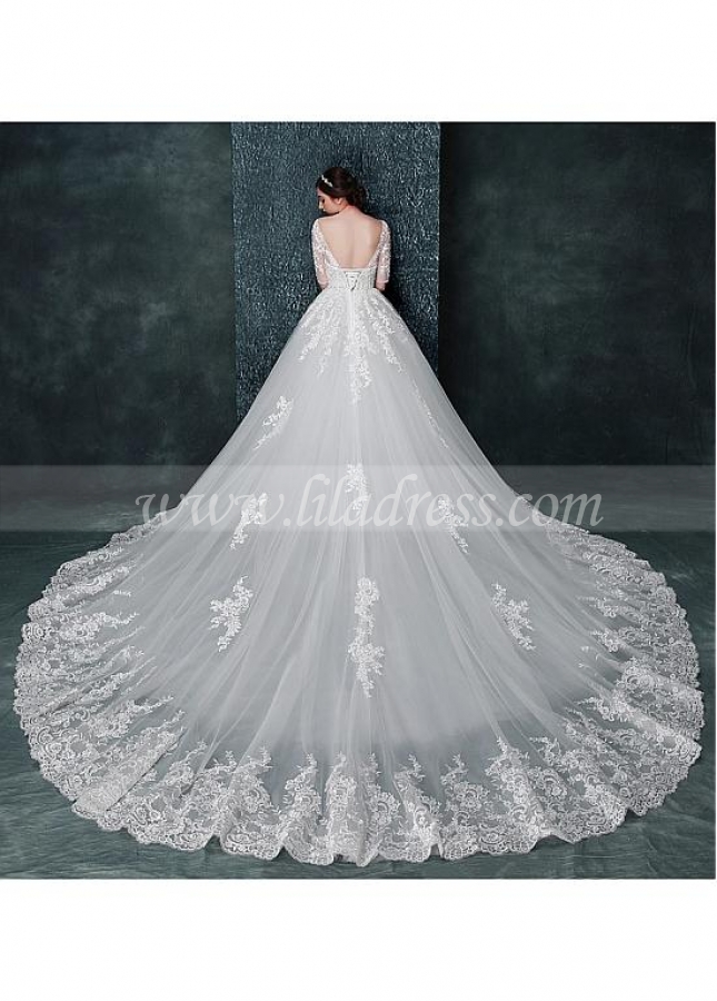 Fantastic Tulle Bateau Neckline A-line Wedding Dress With Beaded Lace Appliques