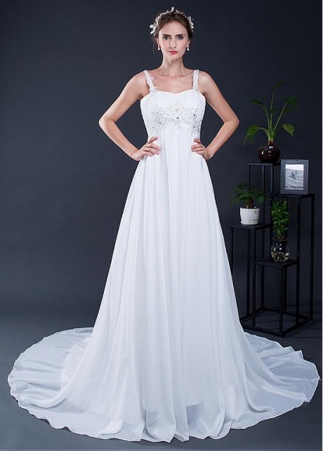 Modest Chiffon Sweetheart Neckline A-line Wedding Dress With Beaded Lace Appliques