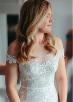 Modest Tulle Off-the-shoulder Neckline Natural Waistline Mermaid Wedding Dress With Lace Appliques & Belt