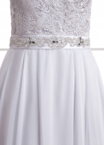 Modest Tulle & Chiffon Jewel Neckline A-line Wedding Dress With Lace Appliques & Belt & Beadings