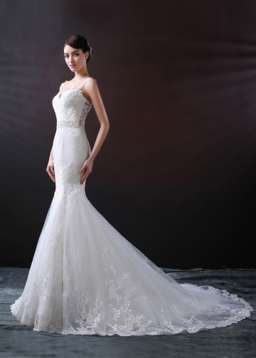 Delicate Tulle Spaghetti Straps Neckline Mermaid Wedding Dress With Lace Appliques