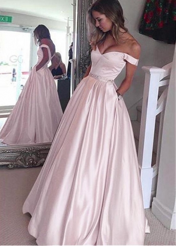 Elegant Satin Off-the-shoulder Neckline A-Line Prom Dresses With Beadings & Pockets