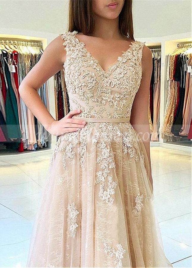 Modest Tulle V-neck Neckline Floor-length A-line Prom Dresses With Lace Appliques & Beadings & Belt