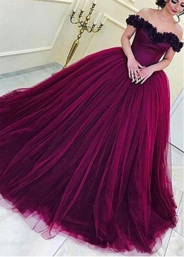 Glamorous Tulle Off-the-shoulder Neckline Ball Gown Evening Dress With Handmade Flowers