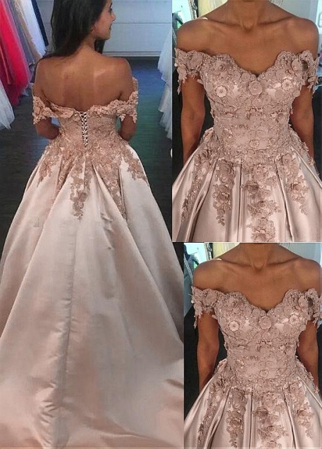 Fantastic Satin Off-the-shoulder Neckline A-line Prom Dress With Lace Appliques