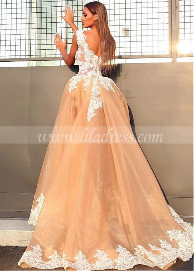 Splendid Champagne V-neck Neckline High Low Ball Gown Evening Dress With Lace Appliques