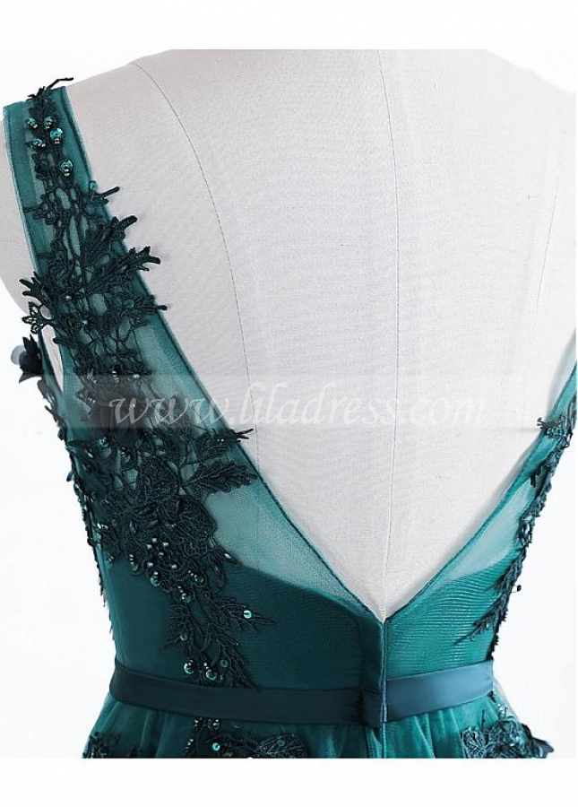 Fantastic Tulle V-neck Neckline Floor-length A-line Evening Dress With Beaded Lace Appiques & Belt
