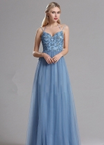 Spaghetti Straps A-line Tulle Blue Prom Long Dresses with Lace Bodice