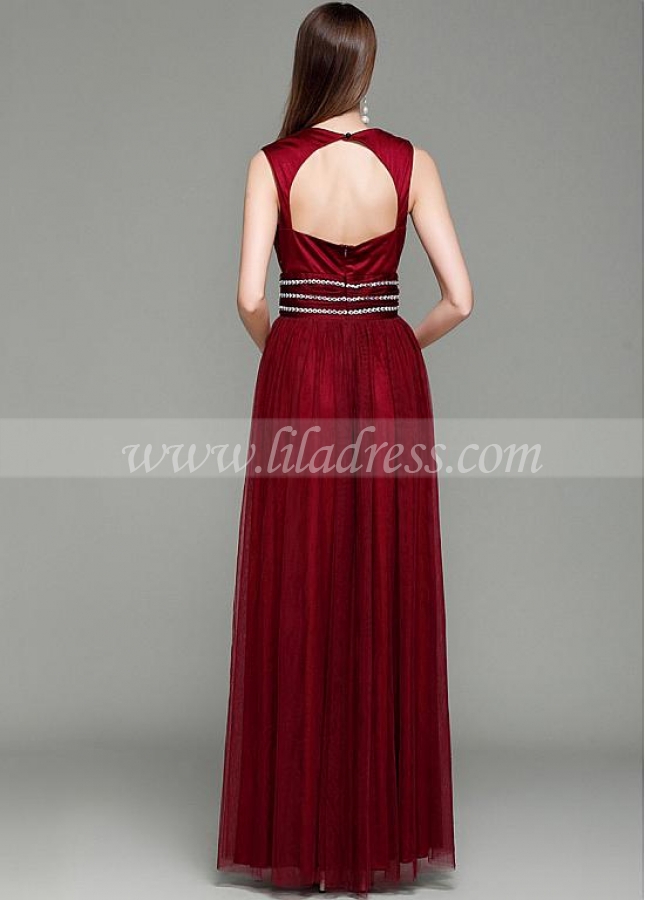 Stunning Tulle V-neck Neckline Floor-length A-line Prom Dress With Beadings