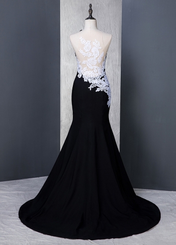Delicate Stretch Satin Jewel Neckline Mermaid Formal Dress With Lace Appliques