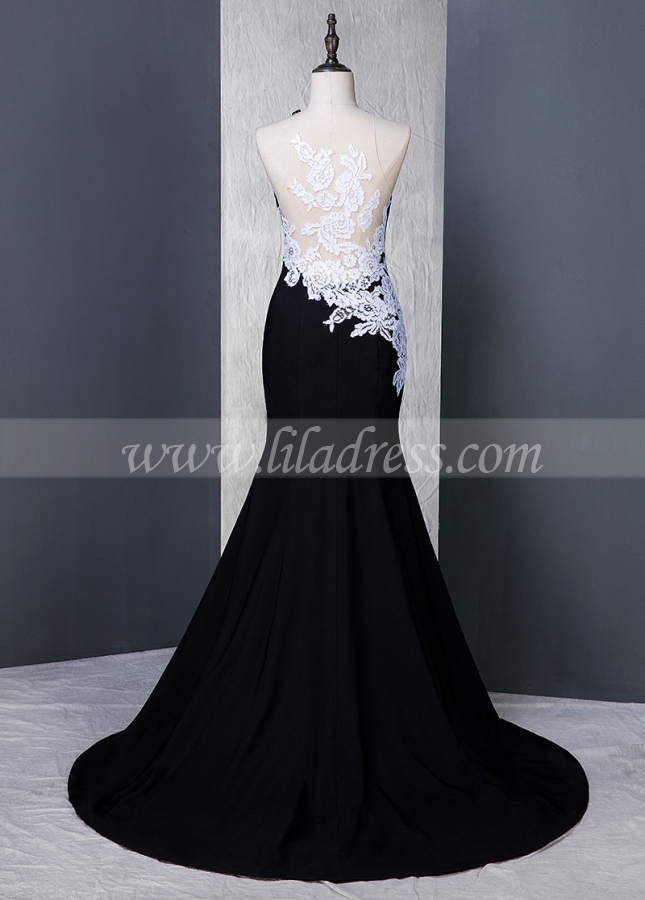 Delicate Stretch Satin Jewel Neckline Mermaid Formal Dress With Lace Appliques