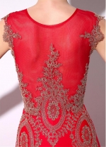 Eye-catching Jersey Jewel Neckline Mermaid Evening Dresses With Lace Appliques