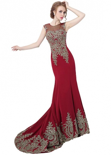 Glamorous Jewel Neckline Mermaid Evening Dresses With Lace Appliques