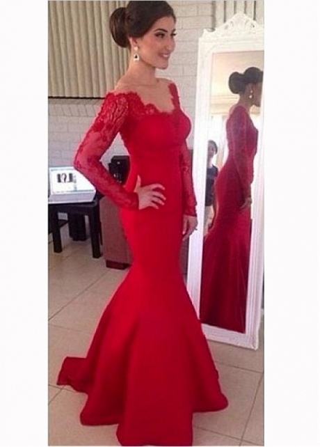 Gorgeous Satin Red Mermaid Evening Dresses With Lace Appliques
