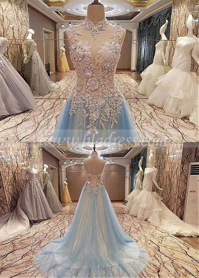 Fabulous Tulle High Collar Floor-length A-line Evening Dress With Beaded Lace Appliques