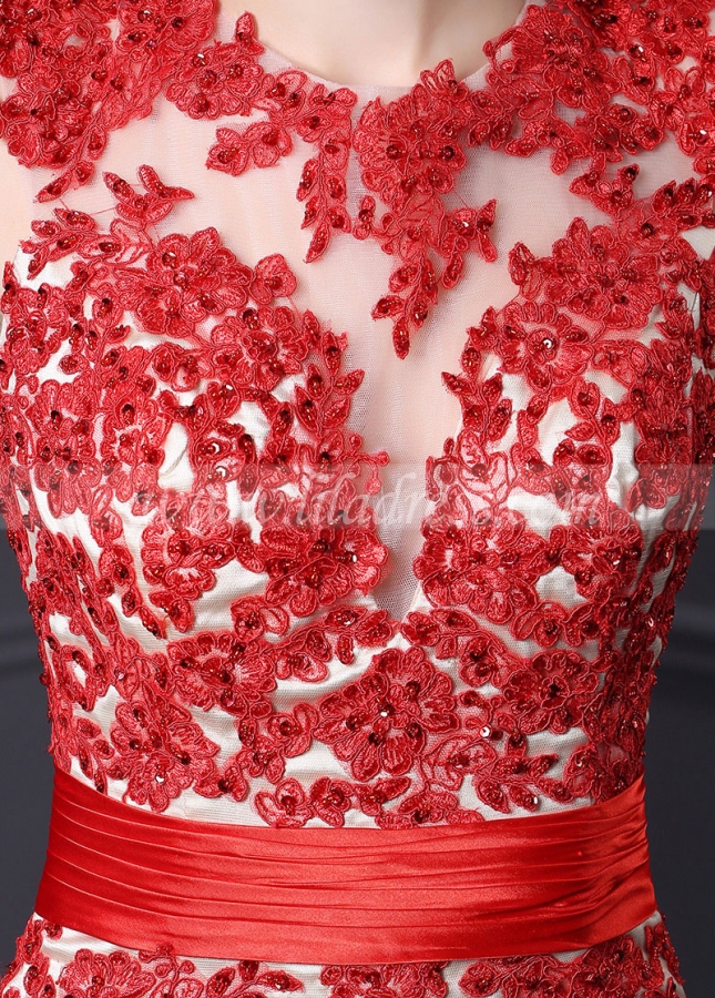 Exquisite Tulle Red Jewel Neckline Mermaid Formal Dresses