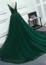 Dazzling Tulle Jewel Neckline Floor-length A-Line Evening Dresses With Beadings & Belt