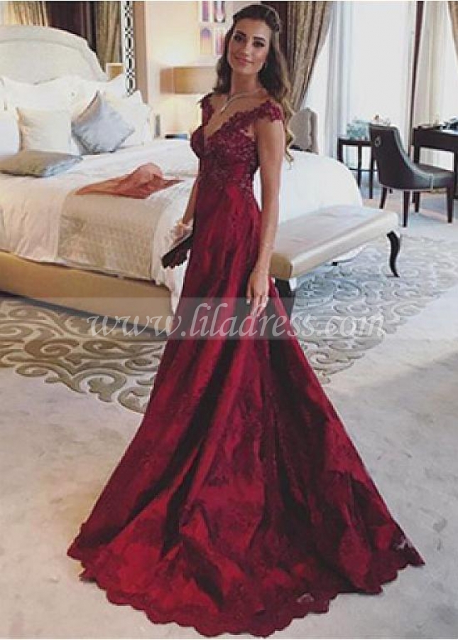 Charming Tulle & Satin V-neck Neckline Floor-length A-line Evening Dresses With Beaded Lace Appliques