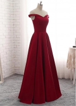 Graceful Satin Off-the-shoulder Neckline Floor-length A-line Red Bridesmaide Dress