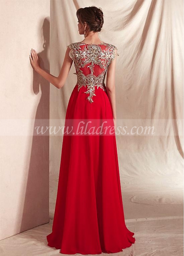 Stunning Chiffon V-neck Neckline Cap Sleeves A-line Evening Dresses With Embroidery