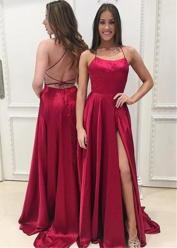 Fashionable Red Spaghetti Straps Neckline Floor-length A-line Evening Dresses With Pockets