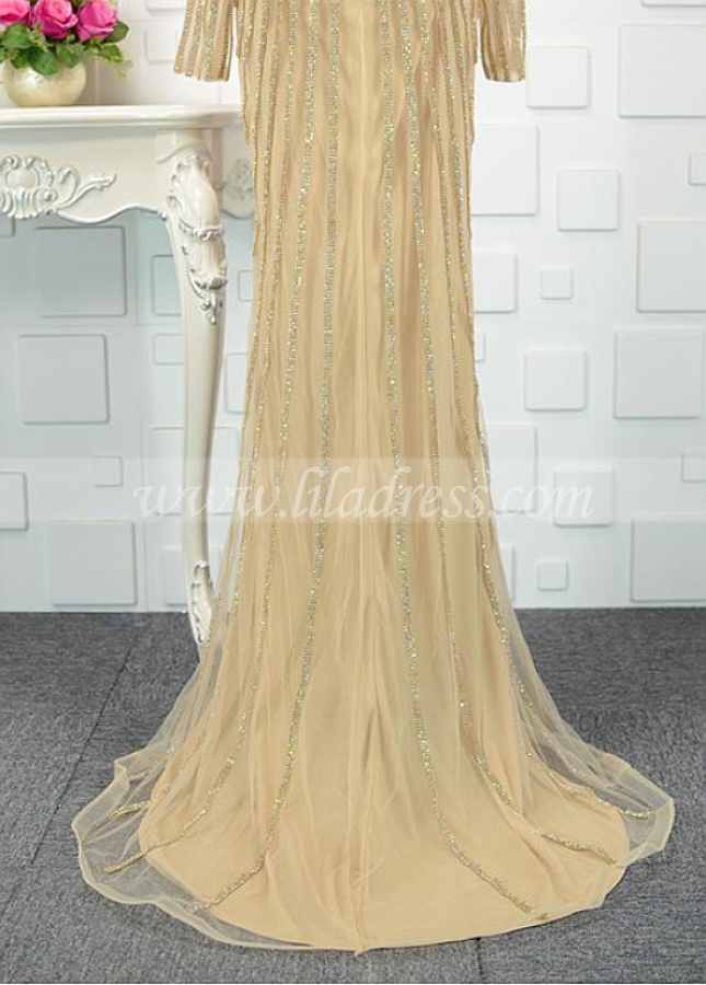 Graceful Tulle Scoop Neckline Sheath/Column Prom Dresses With Beadings