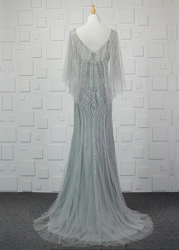 Graceful Tulle Bateau Neckline Sheath/Column Prom Dresses With Beadings