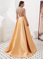 Elegant Tulle & Satin High Collar Floor-length A-line Prom Dresses With Beadings
