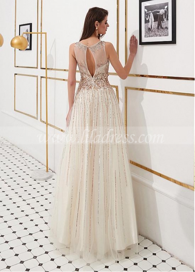 Alluring Tulle Jewel Neckline Floor-length A-line Prom Dresses With Beadings & Sequins