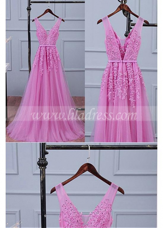 Delicate Pink A-line V-neck Tulle Bridesmaid / Sweet 16 Dress