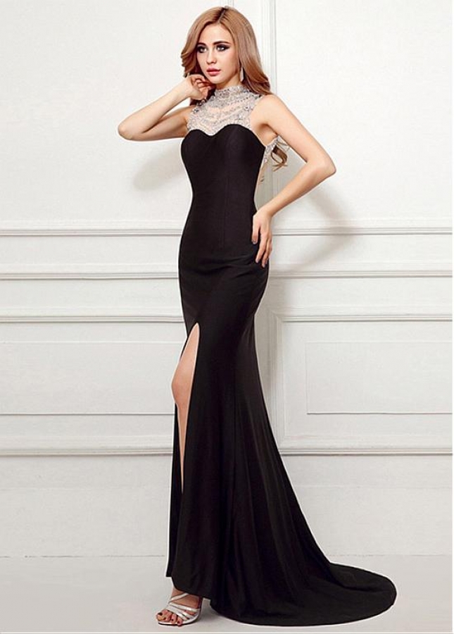 Junoesque Black High Collar Floor-length Mermaid Evening Dresses With Slit