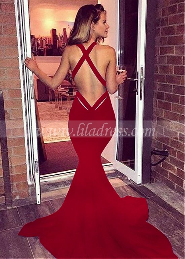 Dazzling Red V-neck Neckline Floor-length Mermaid Evening Dress