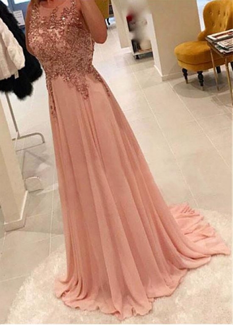 Brilliant Tulle & Chiffon Jewel Neckline Floor-length A-line Evening Dress With Beaded Lace Apliques