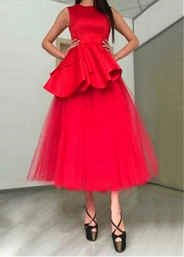 Beautiful Satin & Tulle Jewel Neckline Tea-length A-line Prom Dress