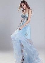 Romantic Tulle Sweetheart Neckline See-through Hi-lo A-line Prom Dress With Beadings & Lace Appliques