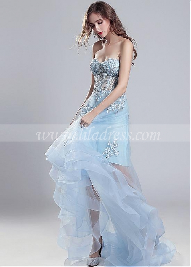 Romantic Tulle Sweetheart Neckline See-through Hi-lo A-line Prom Dress With Beadings & Lace Appliques