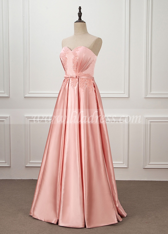 Elegant Satin Sweetheart Neckline A-line Floor-length Prom Dress With Beaded Lace Appliques & Belt