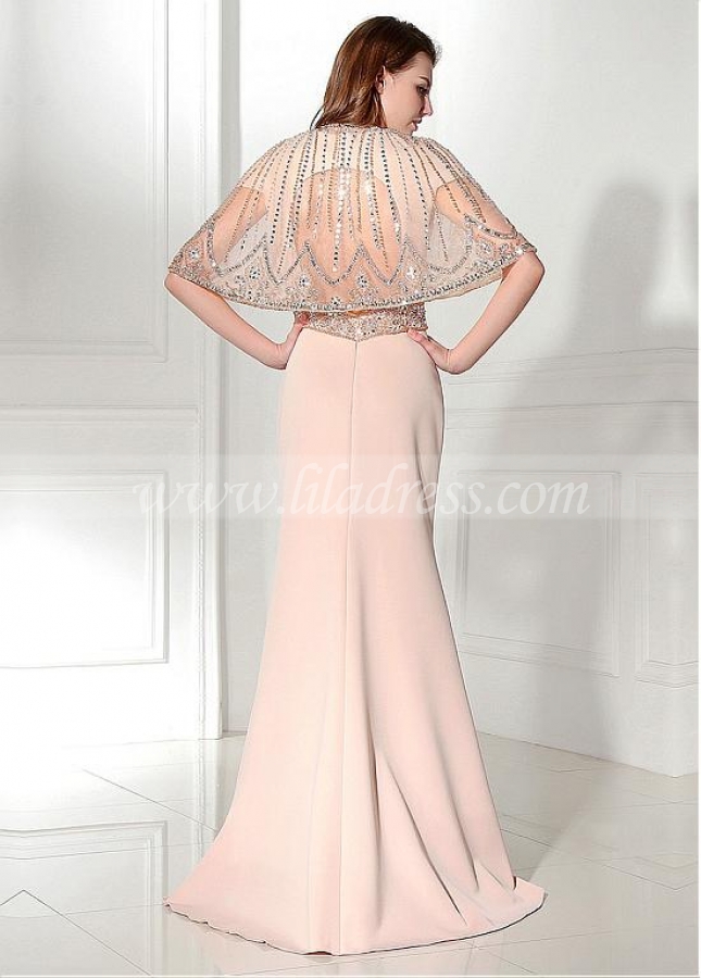 Elegant Tulle & Satin Jewel Neckline Sheath Evening Dresses With Beadings