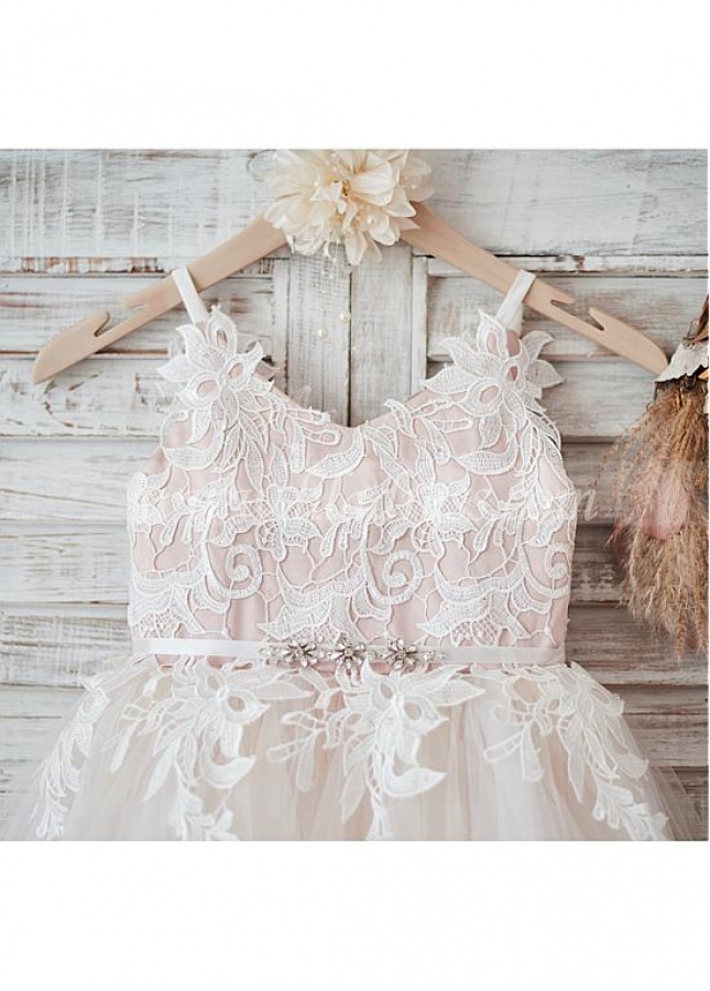Stunning Lace & Tulle & Satin V-neck Neckline Ball Gown Flower Girl Dresses