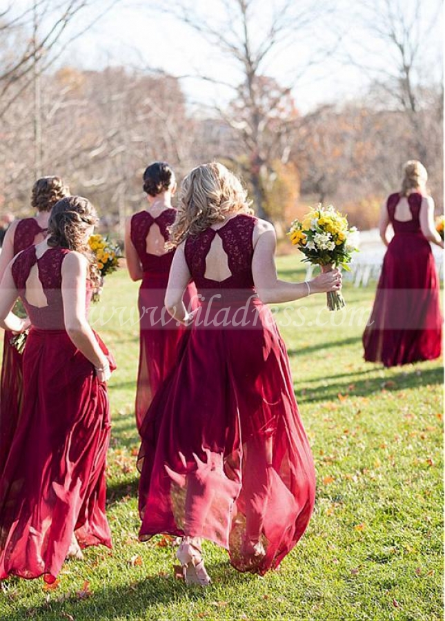 Excellent Lace & Chiffon V-neck Neckline A-line Bridesmaid Dresses With Belt