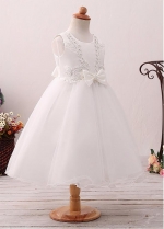 Charming Tulle Jewel Neckline Ball Gown Flower Girl Dress With Lace Appliques & Beadings & Bowknot & Belt