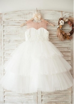 Beautiful Tulle Scoop Neckline Tea-length Ball Gown Flower Girl Dresses With Lace Appliques & Beadings