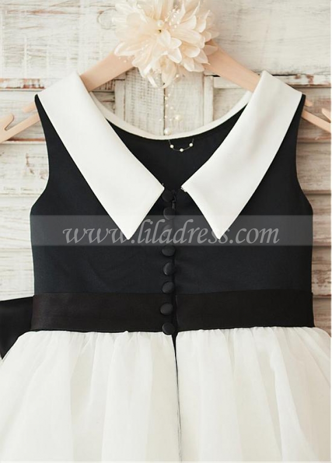 Wonderful Satin & Tulle Scoop Neckline Knee-length A-line Flower Girl Dresses With Bowknot