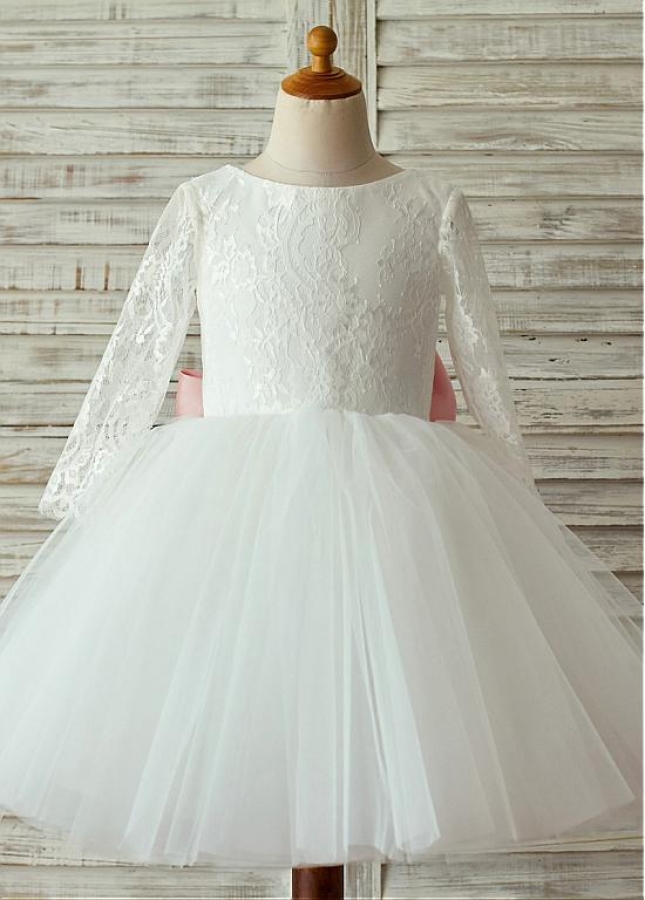 Eye-catching Lace & Tulle Bateau Neckline Long Sleeves Knee-length Ball Gown Flower Girl Dresses With Bowknot & Beadings