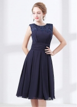 Newest Chiffon Dark Navy Knee-length A-line Homecoming / Bridesmaid Dress With Lace Appliques