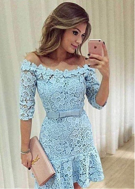 High Quality Lace Off-the-shoulder Neckline 3/4 Length Sleeves Short Homecoming Dress With Bowknot